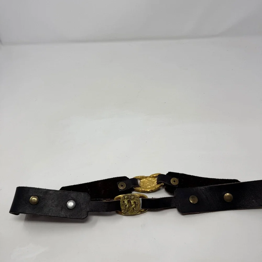 Vintage Dark Brown Leather Cherub Belt Gold Tone Angel Medallion Baroque 32.5in